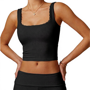 Women's <b>Pink</b> Ribbed Neck <b>Crop</b> <b>Top</b> Strap Tank Breathable High Support Solid Color Simple Front Logo Yoga Eco-Friendly Quick Dry - Product Image 5