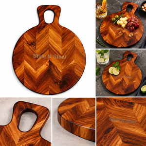 Planche à découper ronde en bois d'acacia avec poignée, motif chevron, pour cuisine et boucherie - Product Image 2