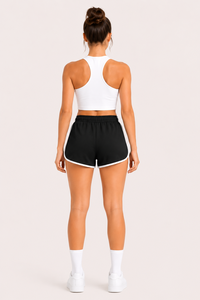 Shorts de course pour femmes Premium Black Dolphin avec bordure contrastée blanche, tissu léger et doux, taille ajustable avec cordon de serrage - Product Image 3