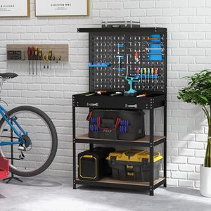 Banc de travail avec panneau perforé pour le rangement d'outils, 14 accessoires suspendus, armoire roulante pour garage - Product Image 3