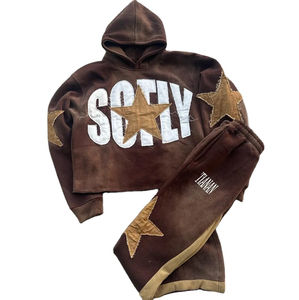 Chándal con efecto desgastado para hombre |   Sudadera con Capucha y Pantalones Deportivos con Apliques Bordados en Tallas Grandes |   OEM Personalizado al por Mayor - Product Image 3