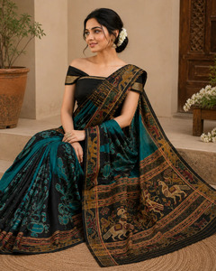 Traditional Handloom Cotton Silk Saree Teal <b>Green</b> <b>Black</b> Handmade Kalamkari Ikkat Animal Motif Wrinkle-Free Floor-Length Indian - Product Image 2