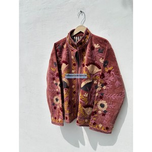 Blouson en velours brodé pour femme, col mandarin, manches longues, broderie florale à la main, manteau d'automne - Product Image 2