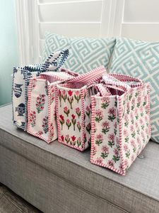 <b>Hot</b> Sale <b>Pink</b> Cheetah Leopard Animal Cotton Kantha Quilted Storage Tote <b>Bag</b> Women Shoulder Travel Carrying Handbag Striped Strap - Product Image 1