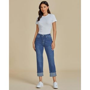 2025 pantalones vaqueros Capri de cintura alta recortados de moda para mujer pierna recta dobladillo con puños elástico estilo novio 3D bolsillos transpirables - Product Image 1