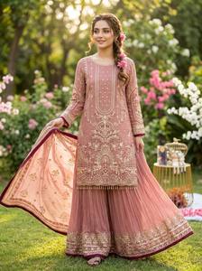 Ensembles de pantalons palazzo pour femmes, ensembles en tissu lawn pakistanais, ensembles en faux georgette de créateur pour femmes, vêtements indiens et pakistanais - Product Image 4