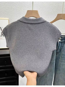 เสื้อถักลำลองผู้หญิงแบบคัลเลอร์บล็อก ผ้าฝ้าย/ใยไผ่ ทรงปกติ แขนสั้น แห้งเร็ว เป็นมิตรกับสิ่งแวดล้อม - Product Image 5