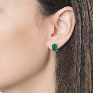 18K Solid Gold Octagon <b>Emerald</b> <b>Stud</b> <b>Earrings</b> with Oval Cut Diamond and Pearl - Product Image 5