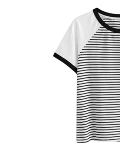 เสื้อยืดแร็กแลนลายทางขาวดำแบบกำหนดเองสำหรับผู้ชาย ผ้าฝ้ายลำลอง เสื้อยืดฤดูร้อน แขนเสื้อตัดกัน คอกลม ผู้ผลิตและจำหน่าย OEM - Product Image 3