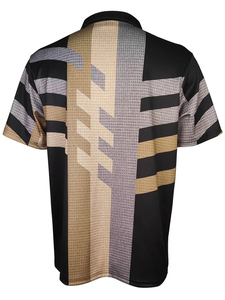 Camisa de Hombre Beige a Rayas de Manga Corta con Botones Frontales y Ribete Negro, Tejido Casual Transpirable de Poliéster Jersey 220g - Product Image 3