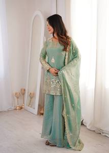 Elegant Fendy Silk Ethnic Set with Full Flair Sharara & Lace Border Dupatta - Product Image 1