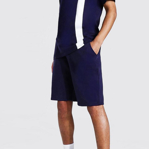 Men's <b>Navy</b> Blue Color Crew Neck T-Shirt and Shorts Set Summer Casual Knitted Cotton Two-Piece Outfit - Product Image 3