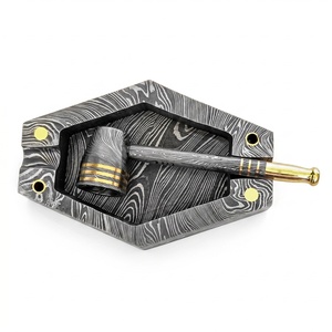 Jexmoo Custom Handmade Damascus Steel Premium Metal Smoking Pipe with Leather Sheath & Decorative Ashtray <b>Stand</b> Set Perfect Gift - Product Image 2