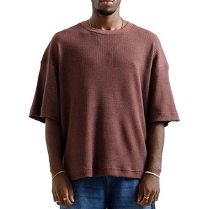 T-shirt à manches courtes en tricot gaufré marron pour homme, col rond, coupe ample, décontracté, respirant, 100% coton, couleur unie, t-shirts amples pour garçon - Product Image 1