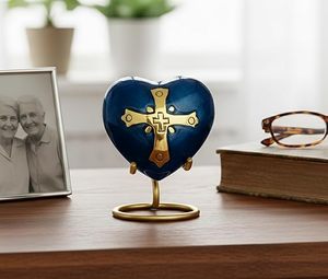 Heart Shape Pet Urn Blue Polyresin Cross Design Classical Style Durable Memorial <b>Casket</b> <b>for</b> Pets - Product Image 1