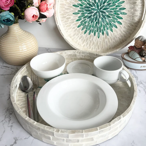 Plateau décoratif rond en nacre avec incrustations, motif floral vert par blossom craft - Product Image 6