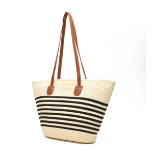 Sac à main décontracté pour femme en coton rayé 100 % avec poignées en cuir, fermeture ouverte, moderne et souple, idéal pour les vacances printemps-été - Product Image 4