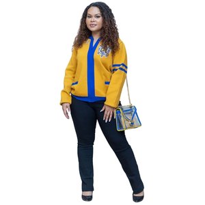 Suéter Cárdigan Amarillo y Azul Sigma Gamma Rho para Mujer, Cuello en V, Estilo Premium, Manga a Rayas, Ropa Casual de la Hermandad Griega - Product Image 1