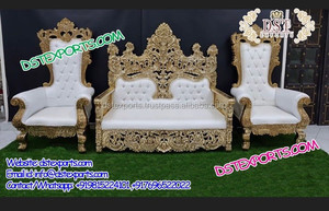 Incroyable ensemble de canapés de scène de mariage Fusion indien Ensemble de canapés Maharaja en or blanc Mariage indien Design de luxe Meubles SofaSet - Product Image 6