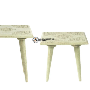 Vintage Carved <b>Wooden</b> Nesting Tables Set of 2 Distressed Finish Rustic Side Tables for Living Room Bedroom Home Decor Ottomans - Product Image 5