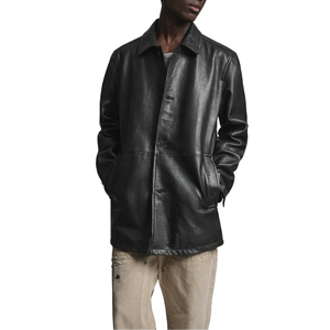 Chaqueta Larga Clásica de Cuero Vacuno Negro para Hombre, Cuello Camisero, Hecha a Mano, Impermeable y Resistente al Viento para Otoño - Product Image 1