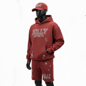 Conjunto de Sudadera con Capucha y Pantalones Cortos para Hombre, Algodón Grueso de 320 GSM, Color Granate Cálido, Logotipo Termoadhesivo, Ajuste Personalizado - Product Image 4