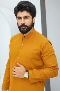 Men's Mustard Cotton Salwar Kameez <b>Long</b> Sleeve Modest Stand Collar Regular Fit Casual Daily Wear Midi Length India Pakistan - Product Image 2