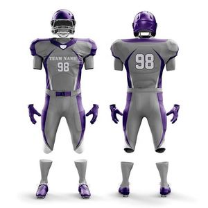 Ensemble d'uniformes de football américain personnalisés violet-gris, maillot sublimé, pantalon, gants, crampons, nom d'équipe, taille adulte homme 98, ajusté et anti-humidité - Product Image 3