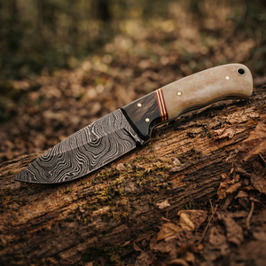 Handmade Camping Skinner <b>Knife</b> in Damascus Steel with Straight Back Blade Horn+<b>Bone</b> <b>Handle</b> and Leather Sheath - Product Image 4
