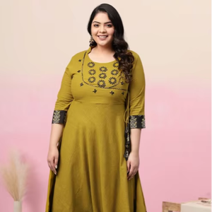 Kurta Angrakha pour femme en coton slub moutarde avec sequins, col montant, manches trois-quarts, séchage rapide, matériaux recyclés, idéal pour l'été - Product Image 1