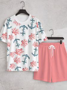 Conjunto de Camiseta Casual para Hombre, Estilo Náutico, Deportivo, Informal, con Estampado de Ancla y Coral, para Vacaciones - Product Image 3