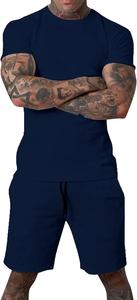 Conjunto de 2 piezas para hombre, conjunto de verano, chándal informal, camisa y pantalones cortos, azul marino - Product Image 5