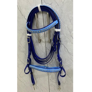 Cabezada azul y azul cielo con surcingle de PVC (BIOTHENE), frontal y paseador con tachuelas metálicas, juego de brida impermeable para caballo LLT - Product Image 1