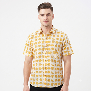 Chemise décontractée pour homme à manches courtes avec imprimé d'éléphant de dessin animé, col rabattu, coton respirant, style estival - Product Image 1