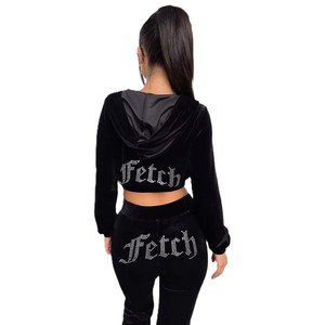 Custom Logo <b>Crop</b> <b>Top</b> 2 Piece Custom Rhinestone Logo Velvet Cropped Hoody Y2k Women's Sweatpants and Hoodie Set - Product Image 4