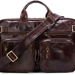 Sac messager pour ordinateur portable en cuir véritable, mallette professionnelle marron avec bandoulière réglable pour hommes et femmes - Product Image 1