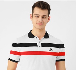 Polo à manches courtes pour homme Hawk Eye, blanc, avec rayures noires et rouges contrastées, coupe classique, style décontracté - Product Image 2