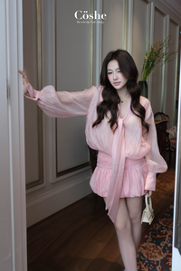 RTS coshe ชุดเดรสแขนยาวทรงโคมไฟผูกโบว์หรูหราสไตล์น่ารักสำหรับผู้หญิงสำหรับงานปาร์ตี้ทุกวันชุดแฟชั่นลำลอง - Product Image 2