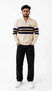 Pull tricoté à capuche zippé pour homme avec motif rayé 100% polyester respirant pour le printemps - Product Image 4
