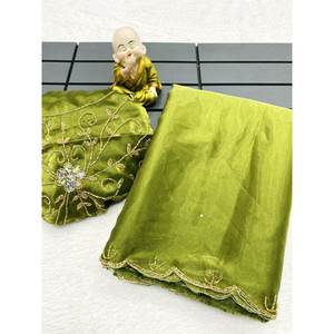 FANCY SILK HAND WORK SAREE CON BLUSA SIN COSTAR VERDE LORO - Product Image 1