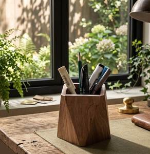 Wooden Workspace Stationery Organizer Handcrafted Timber <b>Desk</b> Pen Cup Wooden <b>Office</b> Accessory Storage Stand <b>Rustic</b> Wood Pencil O - Product Image 1
