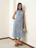 Robe midi sans manches à carreaux bleus, boutonnée sur le devant, col chemise, décontractée, en coton tissé respirant, coupe droite, ourlet droit, pour l'été