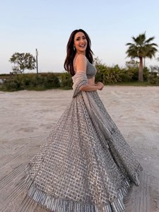 Lehenga Choli plateado con bordado de red y Dupatta, traje de boda para mujer, vestido étnico para fiesta - Product Image 1