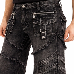Jeans de mezclilla negros desgastados para hombre, de cintura alta, corte holgado, estilo streetwear, con cremalleras y bolsillos, para otoño. - Product Image 5