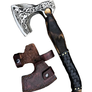 Handmade <b>Axe</b> Carbon Steel Blade Wood <b>Handle</b> With Leather Sheath Outdoor Knife - Product Image 1