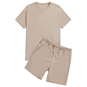 Conjunto de Pantalones Cortos de Felpa Francesa 100% Algodón de Alta Calidad para Hombre, Cuello Redondo, Dos Piezas, Chándal Deportivo, Estilo Vintage Lavado - Product Image 1
