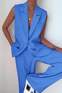 Women's Sleeveless <b>Blazer</b> <b>Set</b> Loose Fit Wide Leg Pants Two Piece Suit Casual Spring Summer Solid Color Woven Fabric - Product Image 3