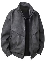 Veste en cuir PU délavé gris anthracite vintage unisexe sur mesure, coupe ample, col montant, fermeture éclair, imperméable, respirante, coupe-vent