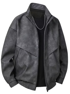 Veste en cuir PU délavé gris anthracite vintage unisexe sur mesure, coupe ample, col montant, fermeture éclair, imperméable, respirante, coupe-vent - Product Image 1