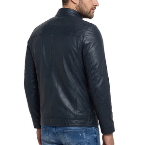 Blouson d'hiver pour homme en cuir véritable, col montant, coupe ajustée, zippé, style streetwear décontracté, pour moto - Product Image 3